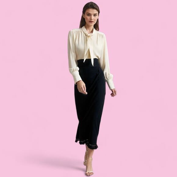 Black Vintage 80s Fringed‎ Hem High Waisted Maxi Skirt Size Small - Picture 2 of 10